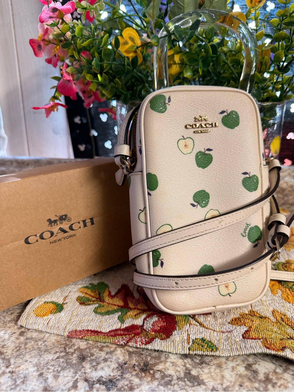 Coach Cream Crossbody Bag with Green Apple Print